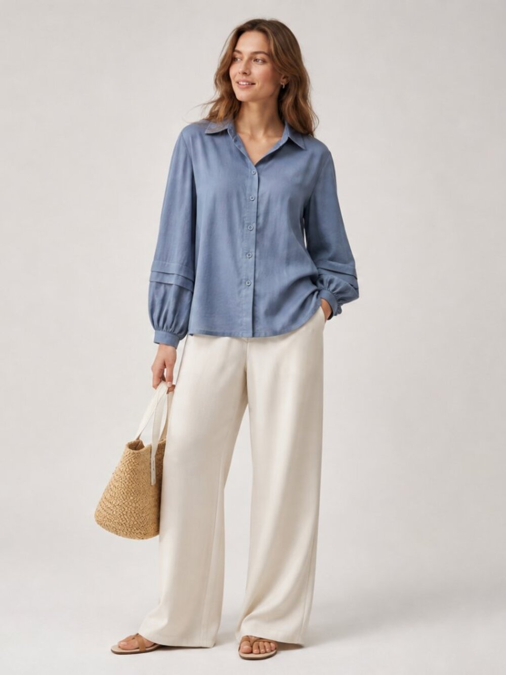 Button Down Blouse with Lantern Sleeves and Pleated Cuff Detail